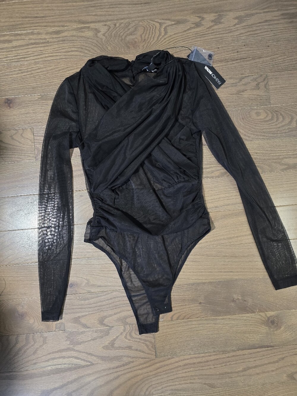 Black Sheer Long-Sleeve Draped Bodysuit